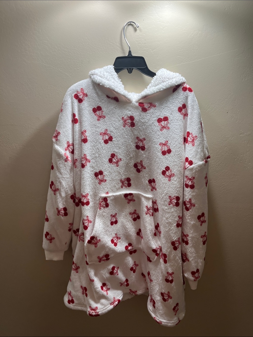 Cozy Hooded Plush Lounge Top in White with Red Cherry Print